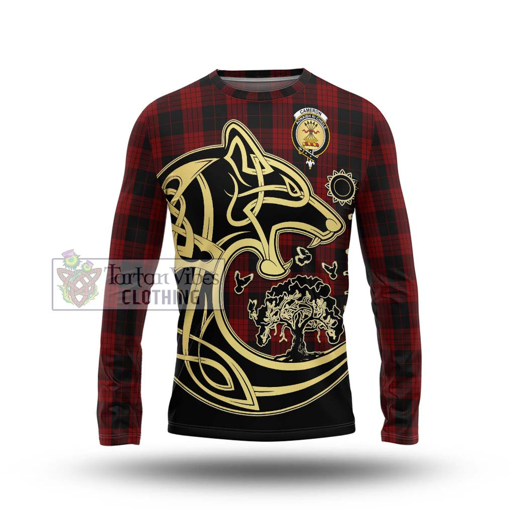 Cameron Black and Red Tartan Long Sleeve T-Shirt with Family Crest Celtic Wolf Style Unisex - Tartan Vibes Clothing