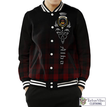 Cameron Black and Red Tartan Baseball Jacket Featuring Alba Gu Brath Family Crest Celtic Inspired