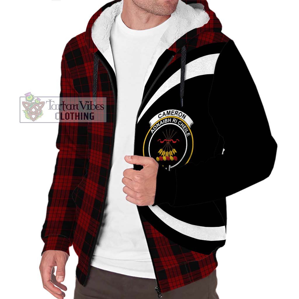 Cameron Black and Red Tartan Sherpa Hoodie with Family Crest Circle Style Unisex S - Tartan Vibes Clothing