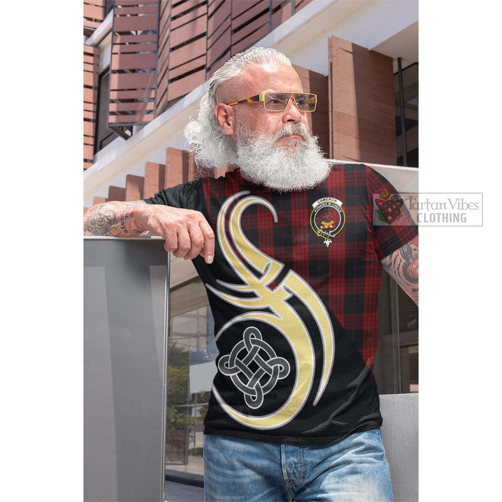 Tartan Vibes Clothing Cameron Black and Red Tartan Cotton T-shirt with Family Crest and Celtic Symbol Style