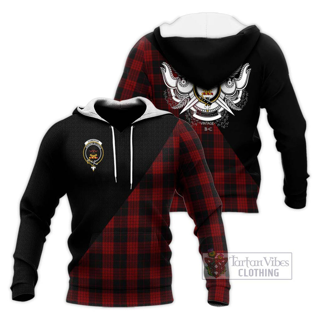 Cameron Black and Red Tartan Knitted Hoodie with Family Crest and Military Logo Style Unisex Knitted Pullover Hoodie - Tartanvibesclothing Shop