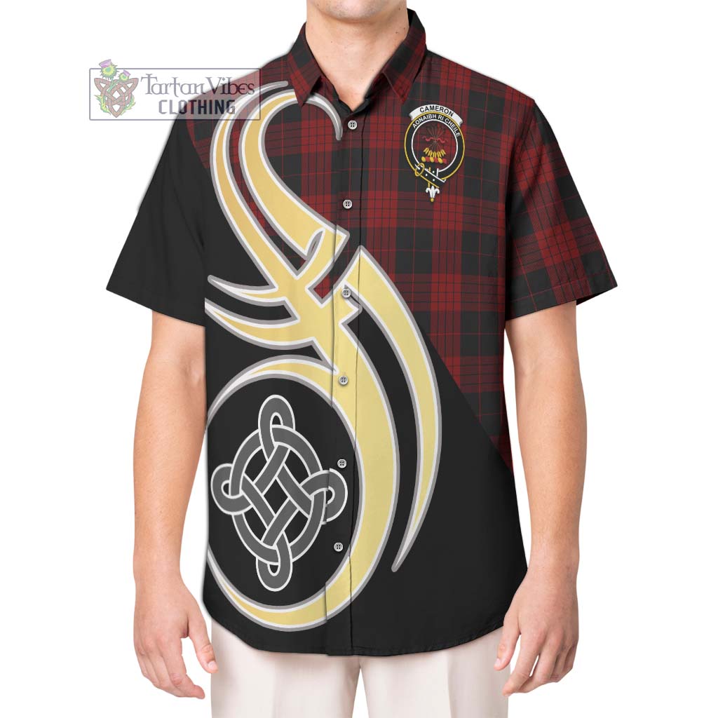 Cameron Black and Red Tartan Short Sleeve Button Shirt with Family Crest and Celtic Symbol Style Kid - Tartan Vibes Clothing