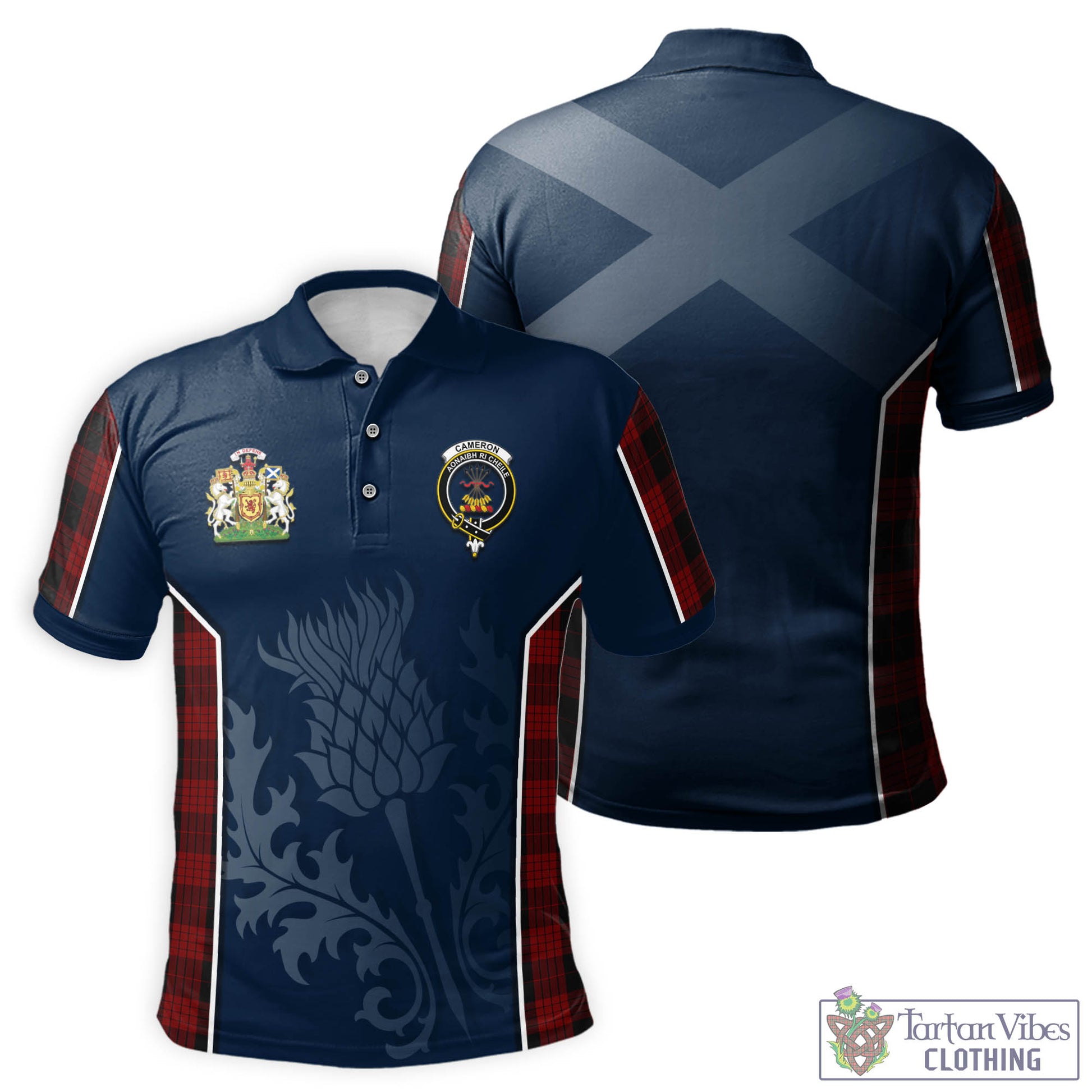 Tartan Vibes Clothing Cameron Black and Red Tartan Men's Polo Shirt with Family Crest and Scottish Thistle Vibes Sport Style