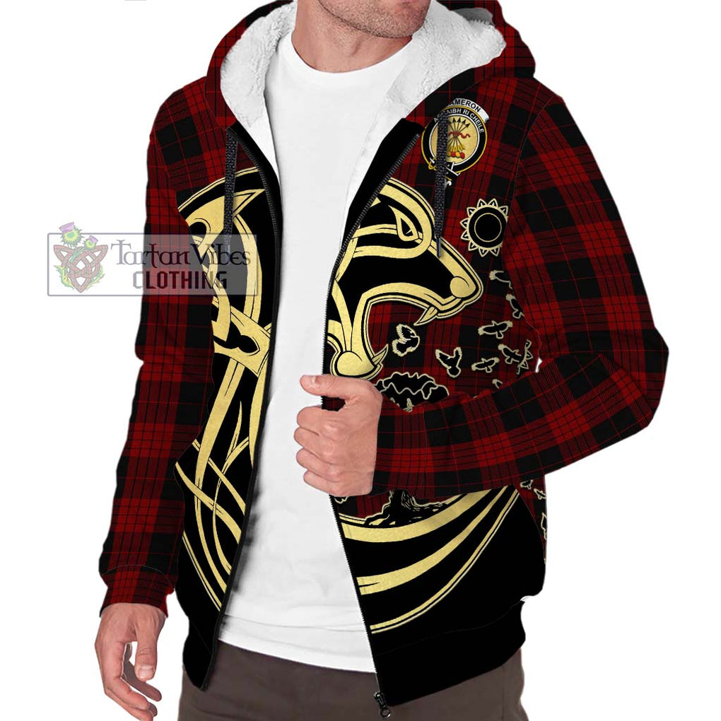 Cameron Black and Red Tartan Sherpa Hoodie with Family Crest Celtic Wolf Style Unisex S - Tartan Vibes Clothing