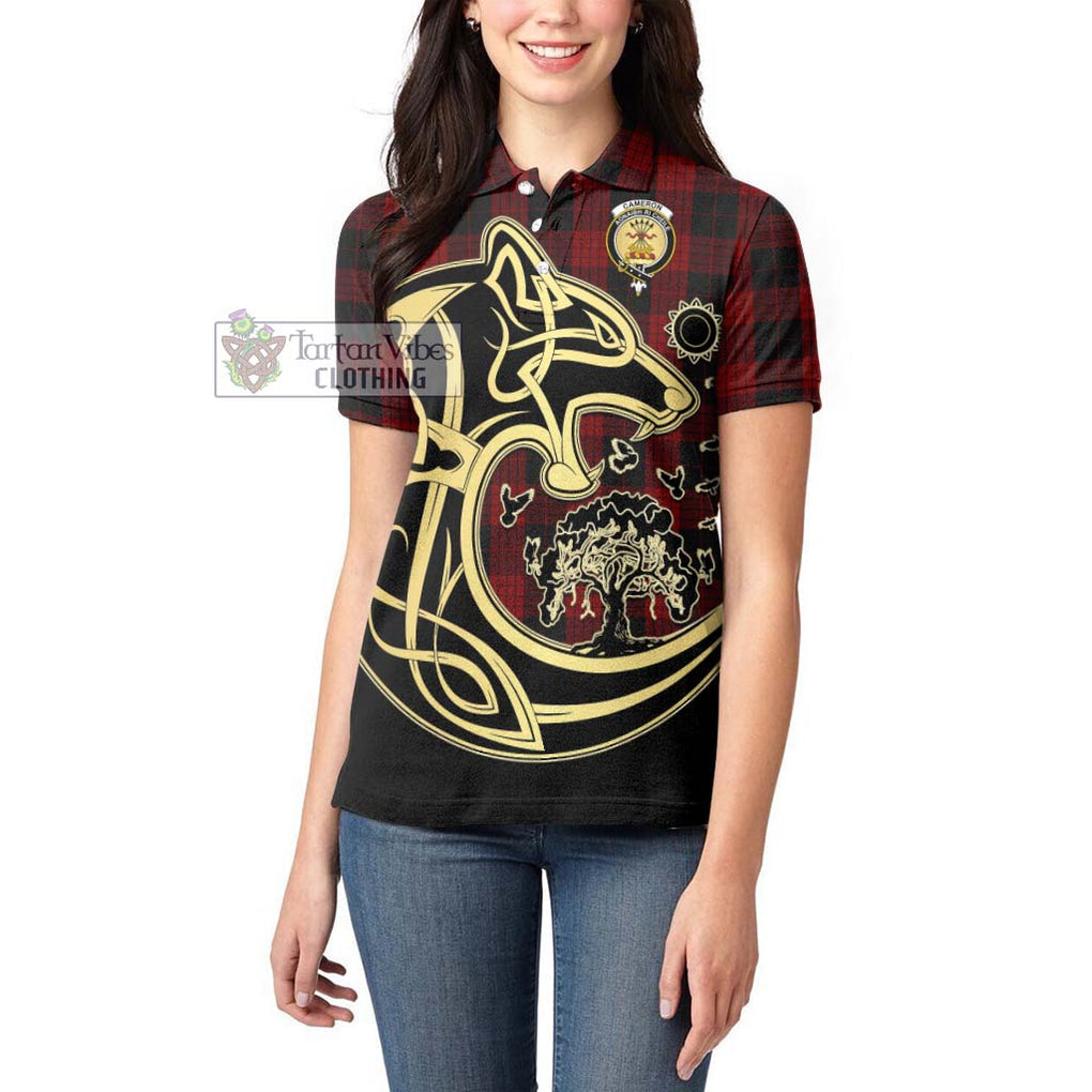 Cameron Black and Red Tartan Women's Polo Shirt with Family Crest Celtic Wolf Style - Tartanvibesclothing Shop