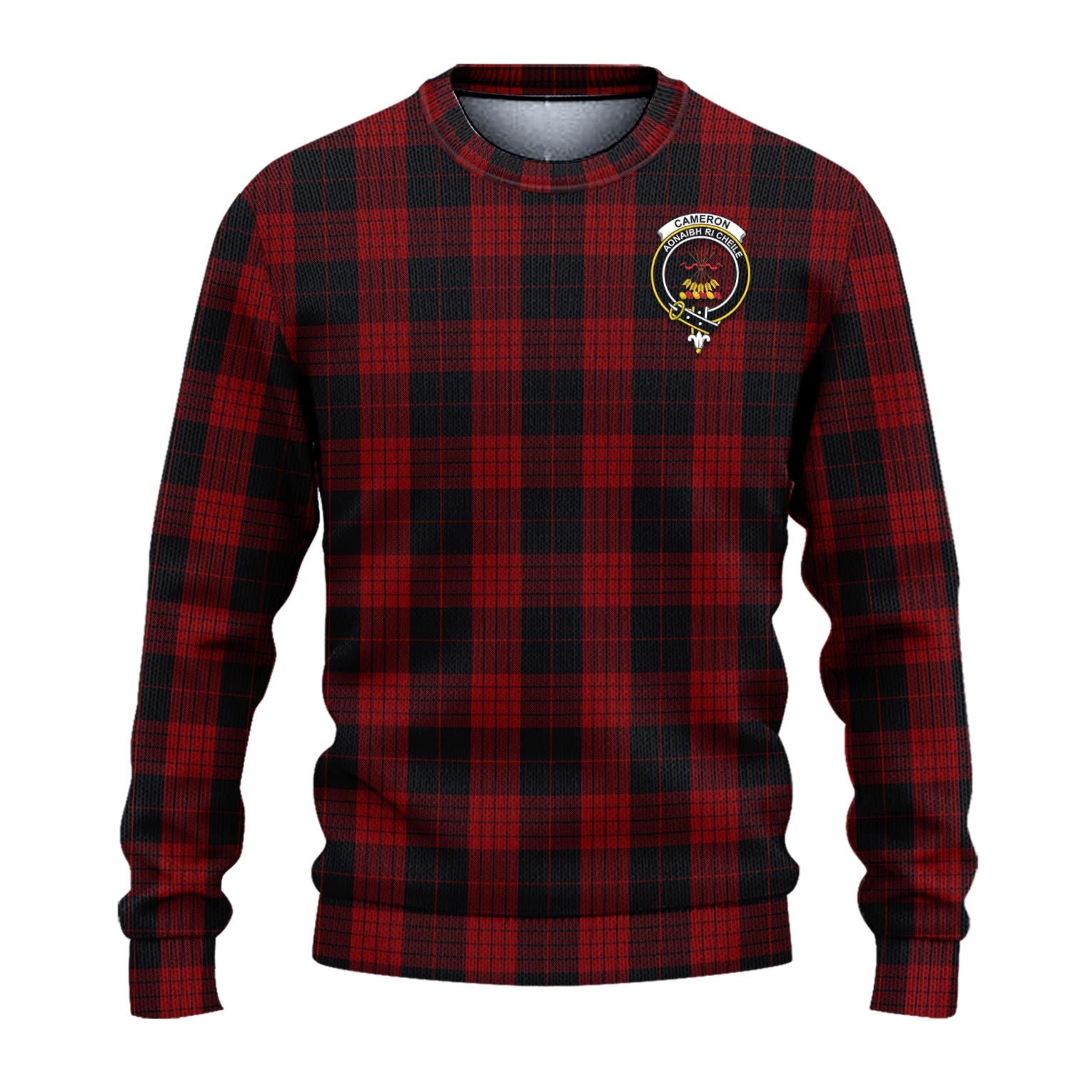 Cameron Black and Red Tartan Knitted Sweater with Family Crest - Tartanvibesclothing