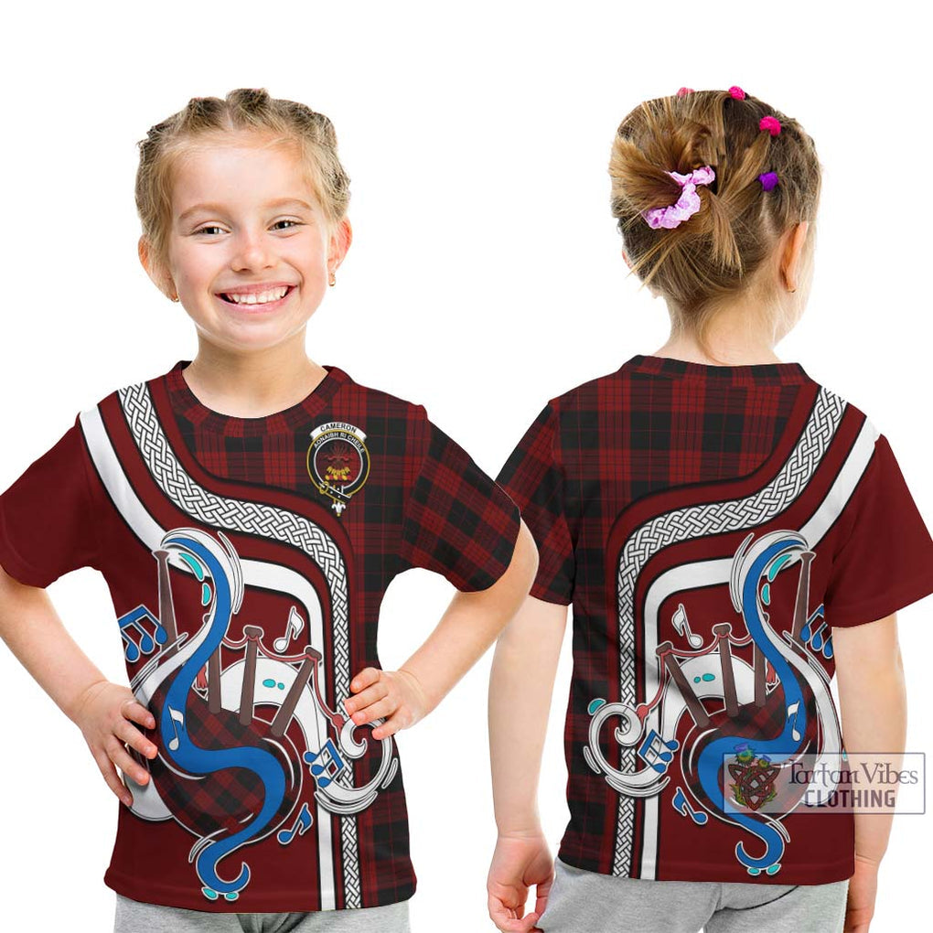 Tartan Vibes Clothing Cameron Black and Red Tartan Kid T-Shirt with Epic Bagpipe Style