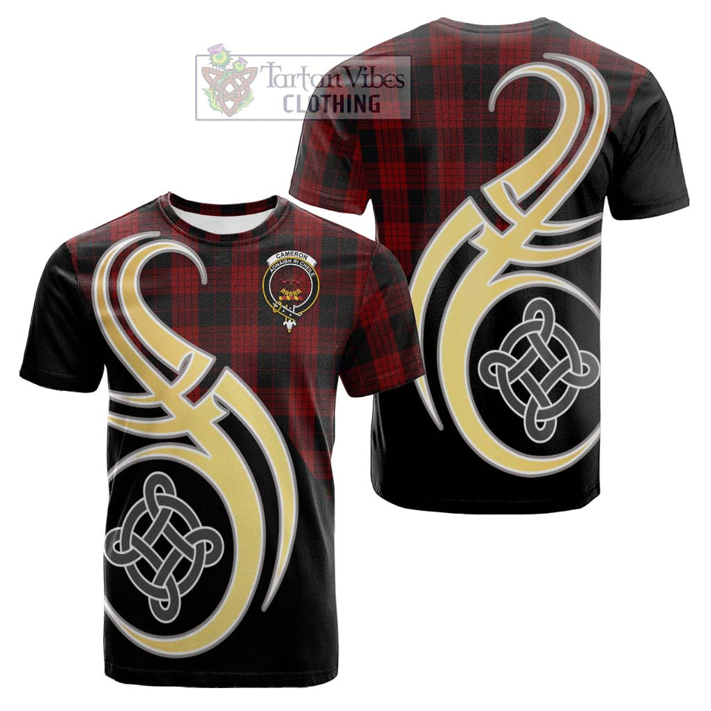 Tartan Vibes Clothing Cameron Black and Red Tartan Cotton T-shirt with Family Crest and Celtic Symbol Style