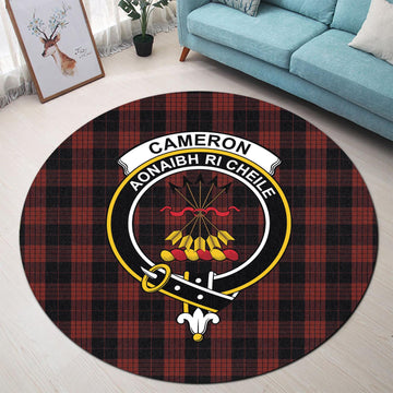 Cameron Black and Red Tartan Round Rug with Family Crest