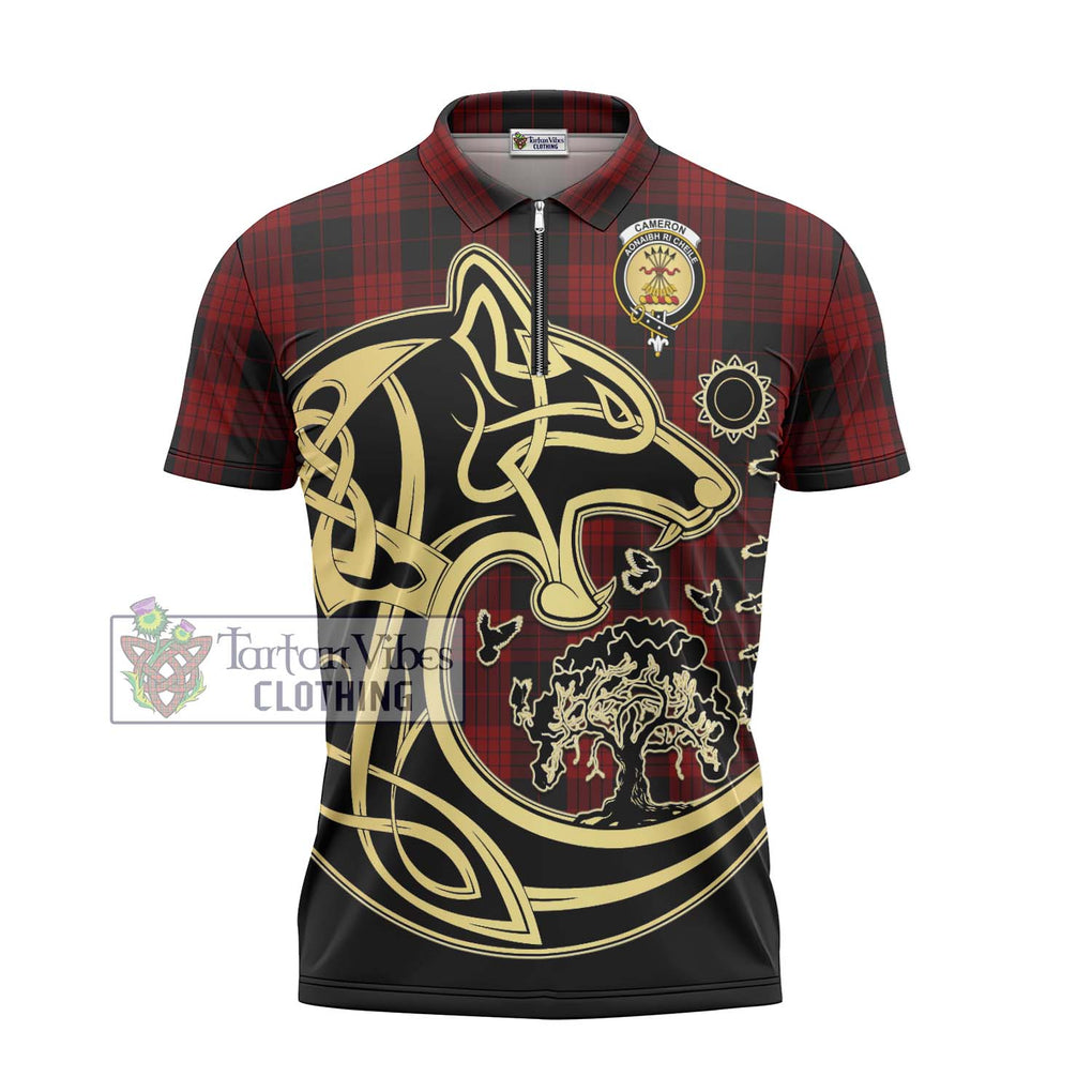 Cameron Black and Red Tartan Zipper Polo Shirt with Family Crest Celtic Wolf Style - Tartanvibesclothing Shop