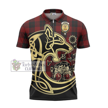 Cameron Black and Red Tartan Zipper Polo Shirt with Family Crest Celtic Wolf Style