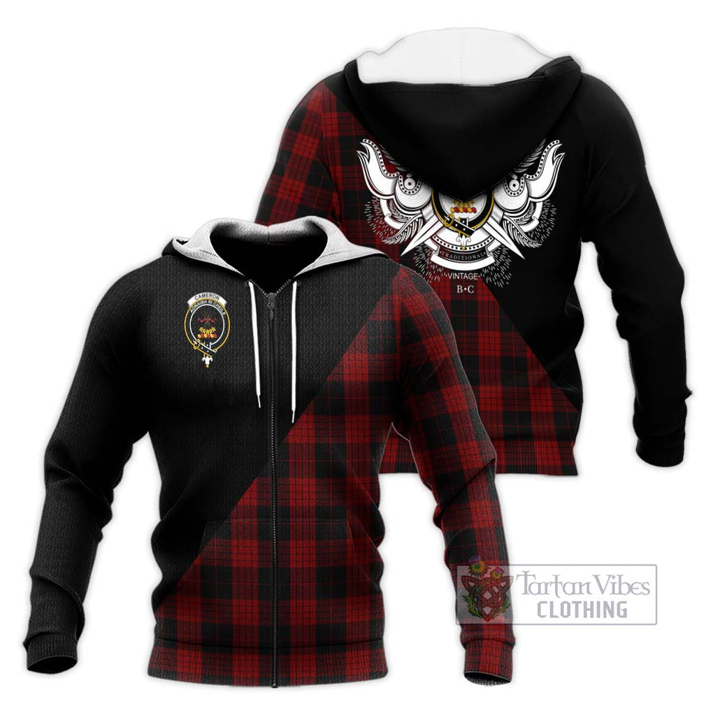 Cameron Black and Red Tartan Knitted Hoodie with Family Crest and Military Logo Style Unisex Knitted Zip Hoodie - Tartanvibesclothing Shop