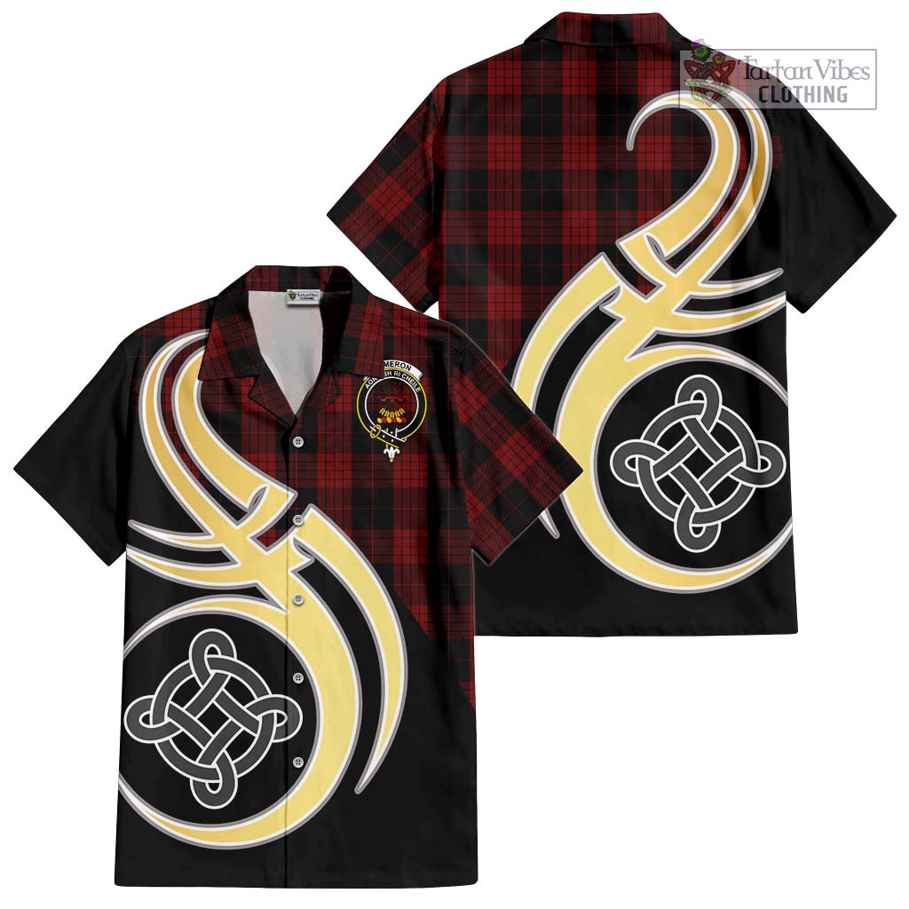 Cameron Black and Red Tartan Short Sleeve Button Shirt with Family Crest and Celtic Symbol Style - Tartan Vibes Clothing