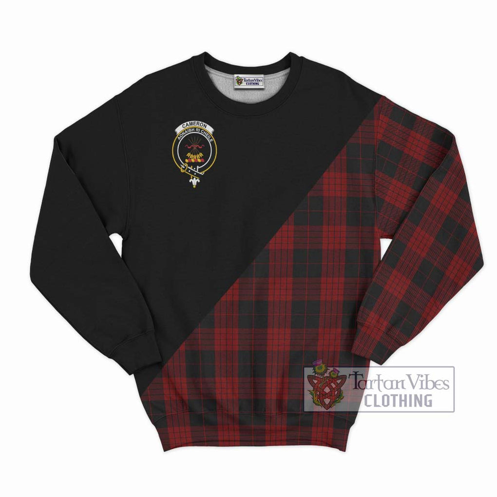 Cameron Black and Red Tartan Sweatshirt with Family Crest and Military Logo Style - Tartanvibesclothing Shop