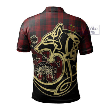 Cameron Black and Red Tartan Polo Shirt with Family Crest Celtic Wolf Style