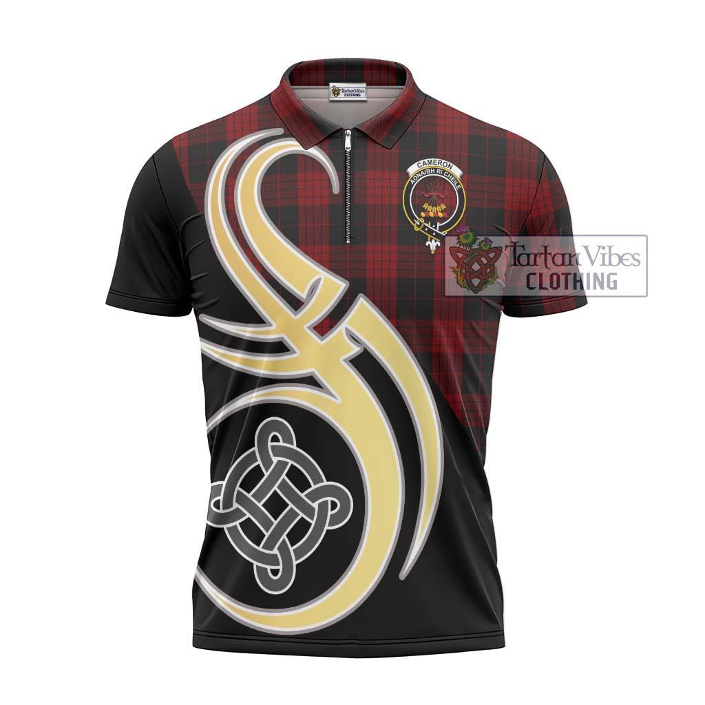 Tartan Vibes Clothing Cameron Black and Red Tartan Zipper Polo Shirt with Family Crest and Celtic Symbol Style