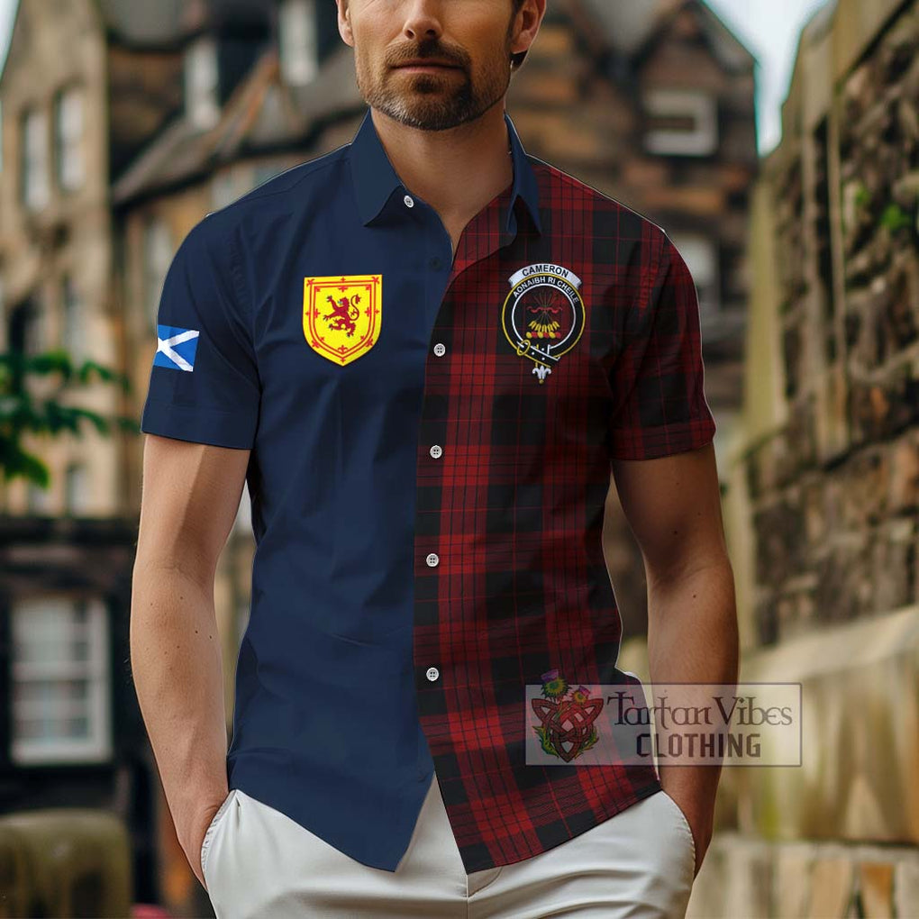 Tartan Vibes Clothing Cameron Black and Red Tartan Short Sleeve Button Shirt with Scottish Lion Royal Arm Half Style