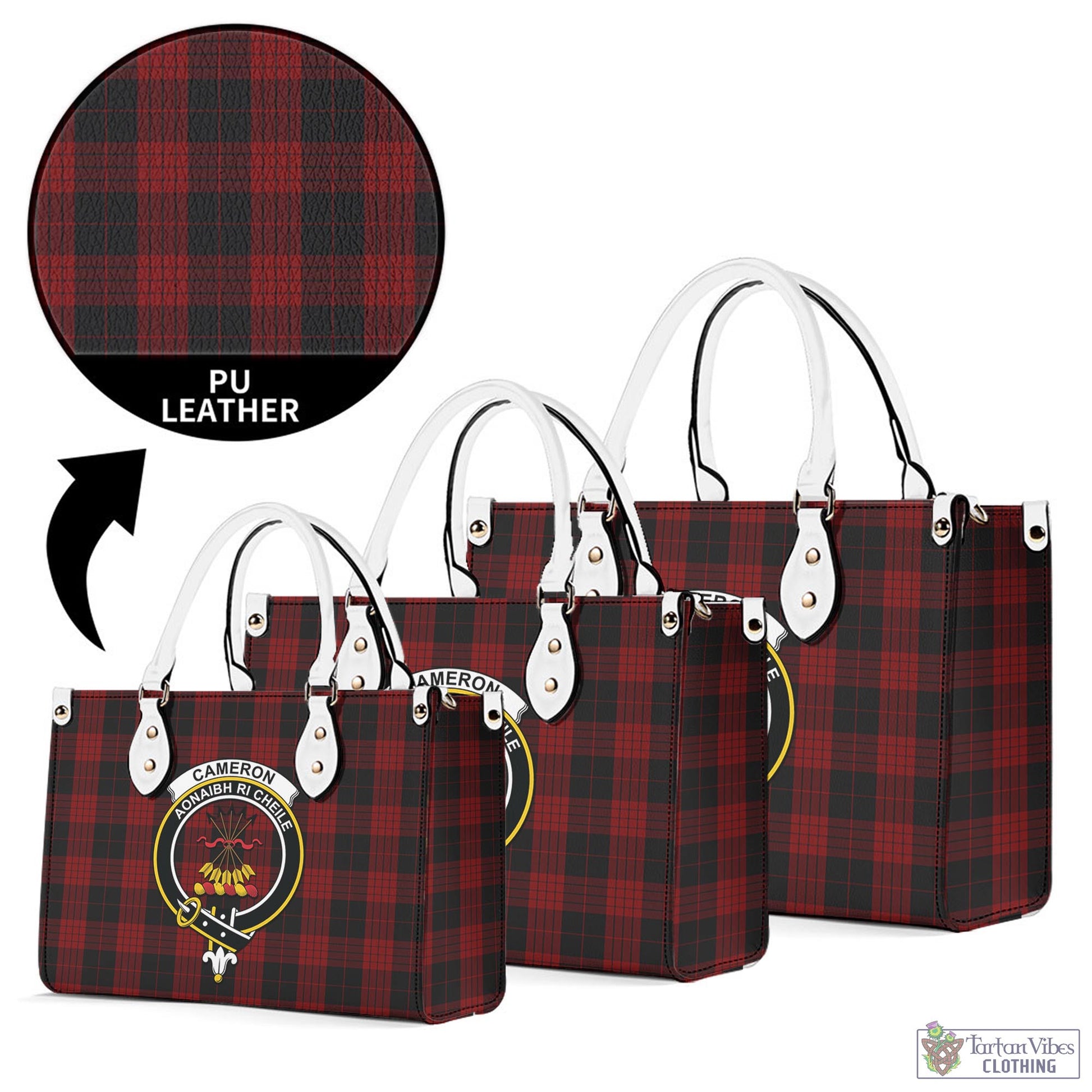 Tartan Vibes Clothing Cameron Black and Red Tartan Luxury Leather Handbags with Family Crest