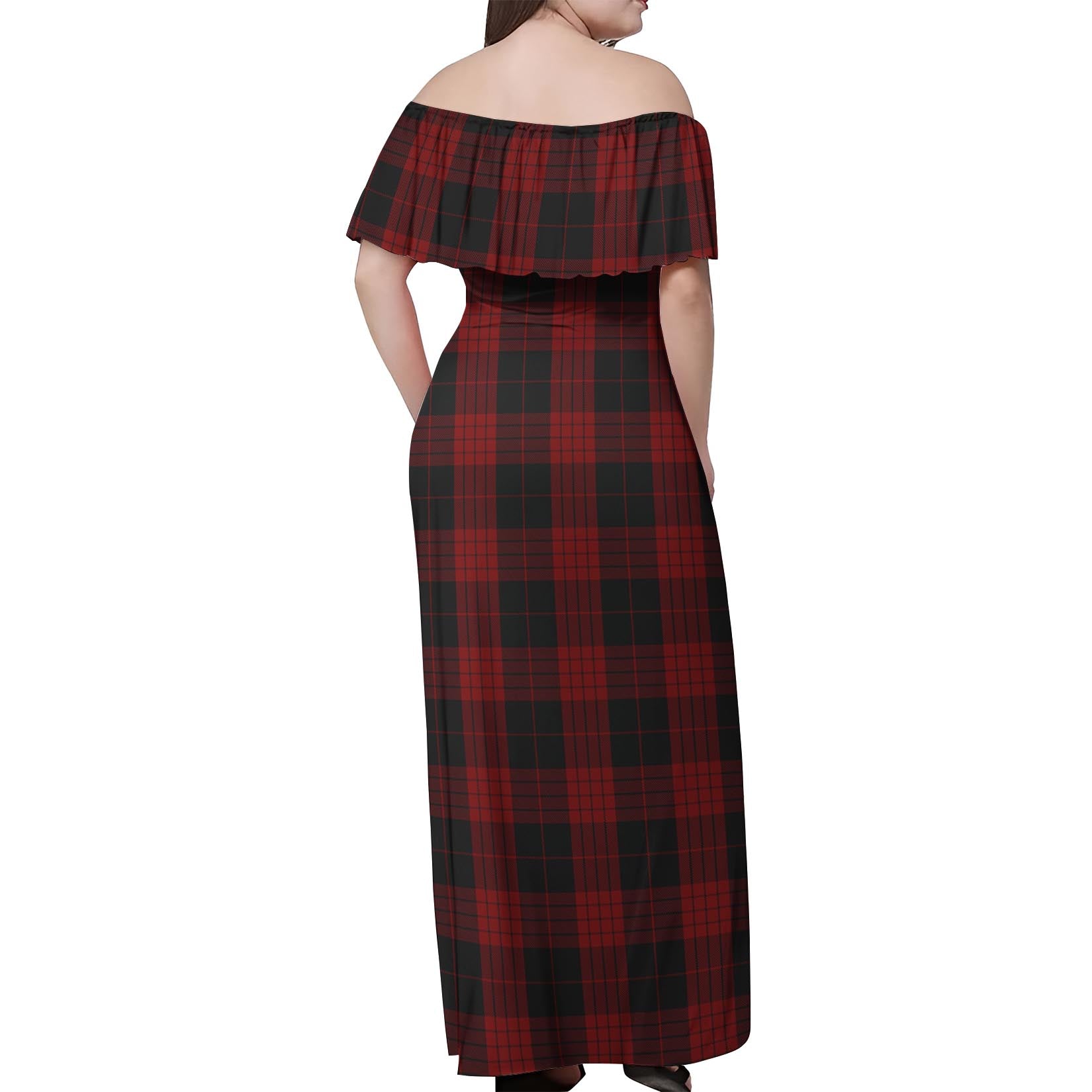 Cameron Black and Red Tartan Off Shoulder Long Dress - Tartanvibesclothing