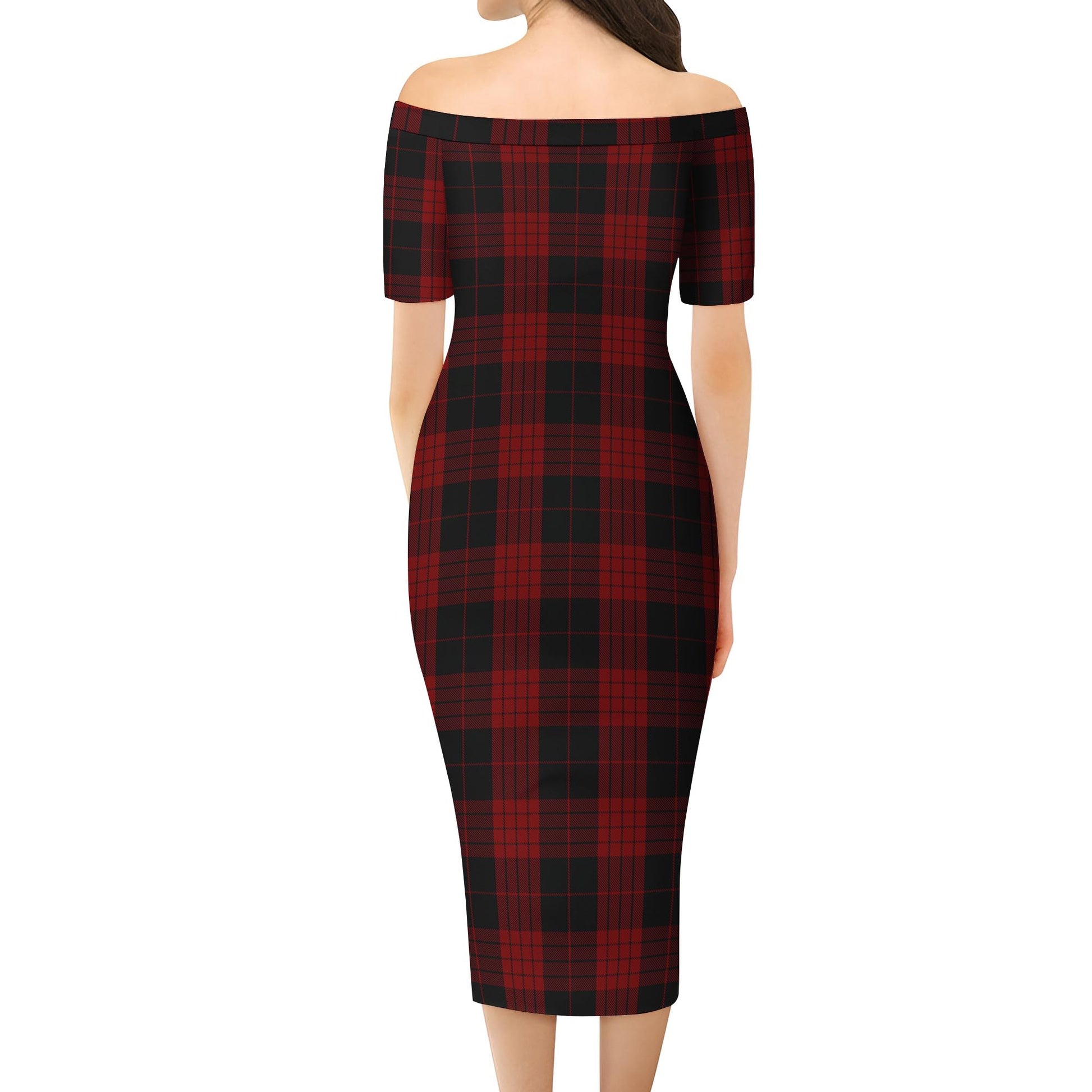 Cameron Black and Red Tartan Off Shoulder Lady Dress - Tartanvibesclothing