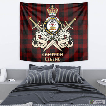 Cameron Black and Red Tartan Tapestry with Clan Crest and the Golden Sword of Courageous Legacy