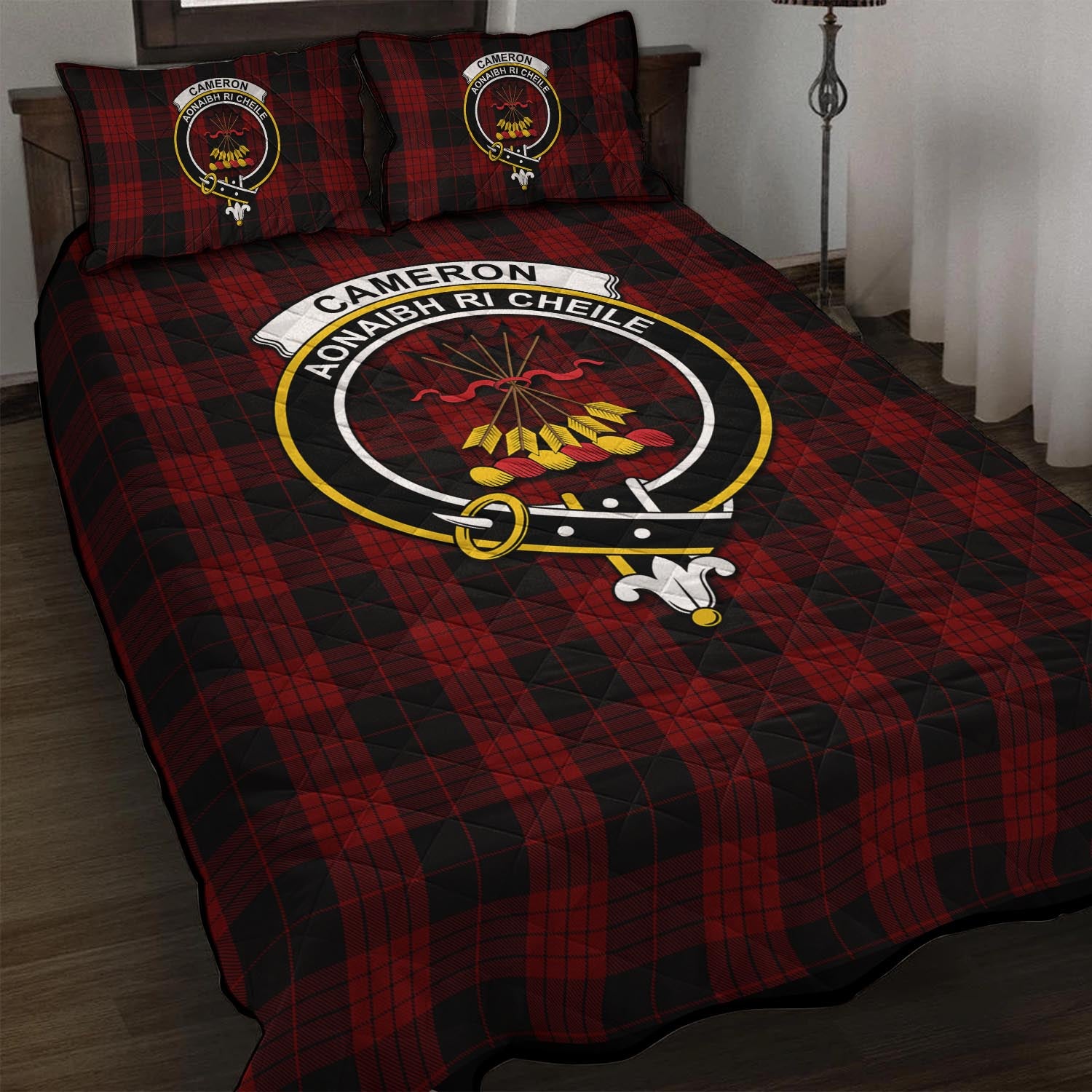 Cameron Black and Red Tartan Quilt Bed Set with Family Crest - Tartan Vibes Clothing