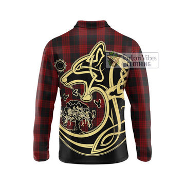 Cameron Black and Red Tartan Long Sleeve Polo Shirt with Family Crest Celtic Wolf Style