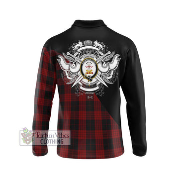 Cameron Black and Red Tartan Long Sleeve Polo Shirt with Family Crest and Military Logo Style