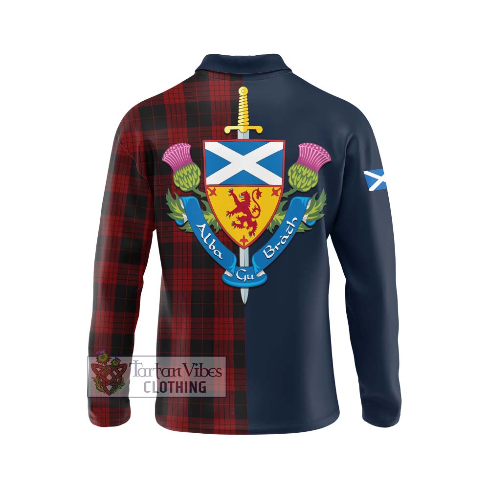 Tartan Vibes Clothing Cameron Black and Red Tartan Long Sleeve Polo Shirt with Scottish Lion Royal Arm Half Style