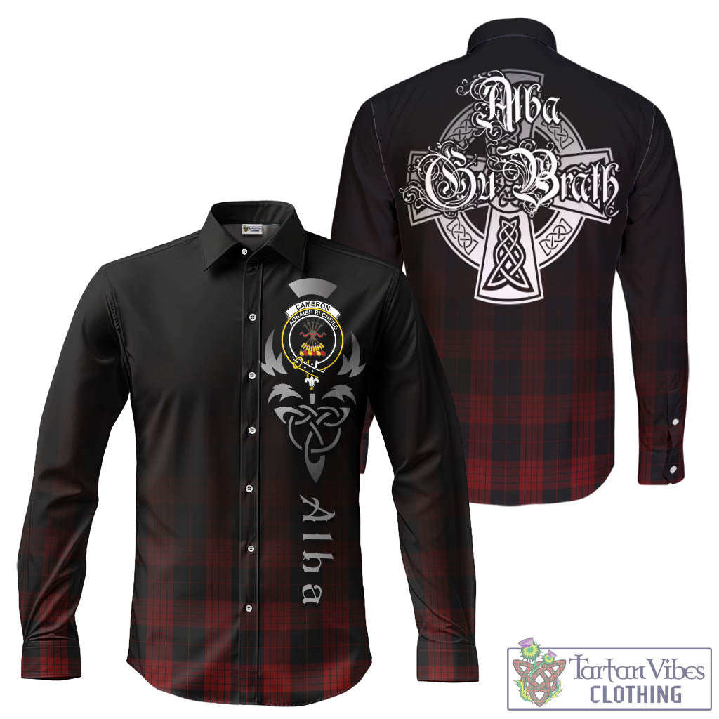 Tartan Vibes Clothing Cameron Black and Red Tartan Long Sleeve Button Up Featuring Alba Gu Brath Family Crest Celtic Inspired