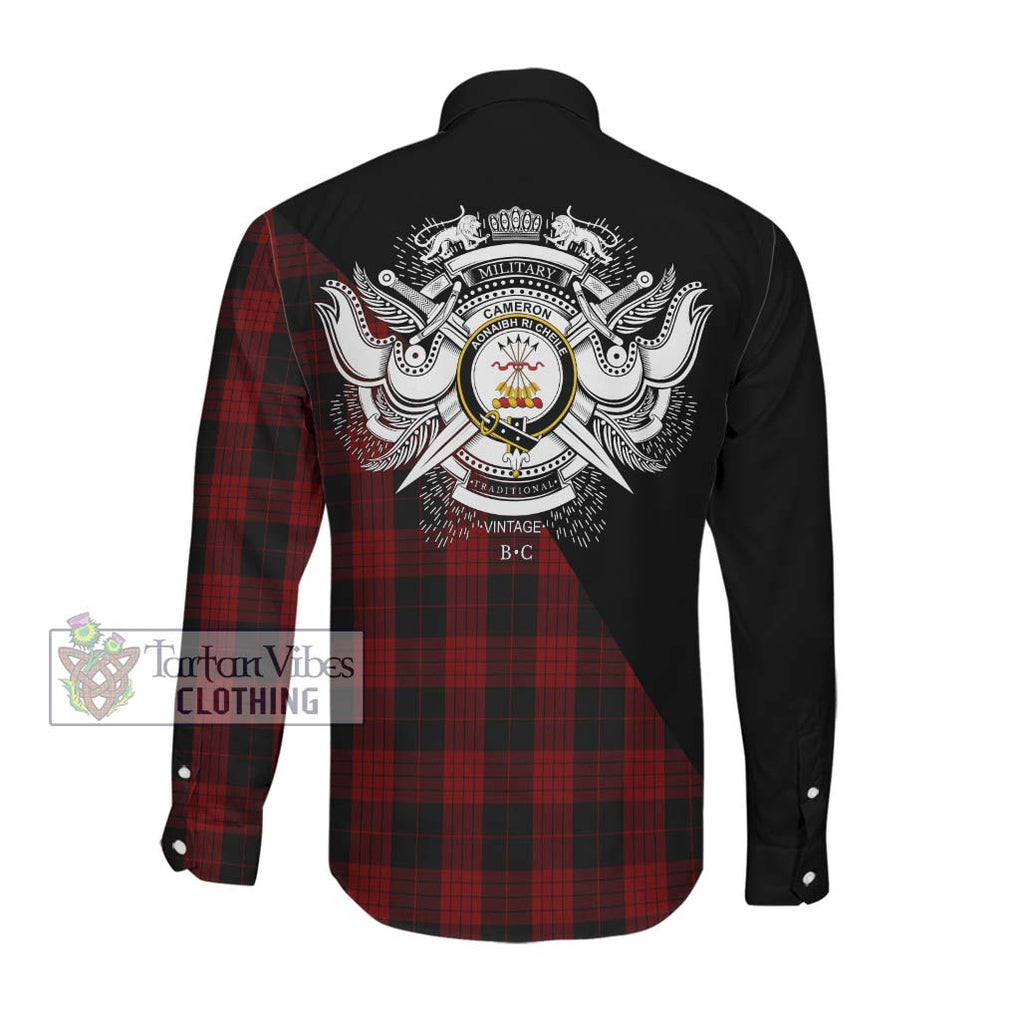 Cameron Black and Red Tartan Long Sleeve Button Shirt with Family Crest and Military Logo Style Men's Shirt - Tartanvibesclothing Shop