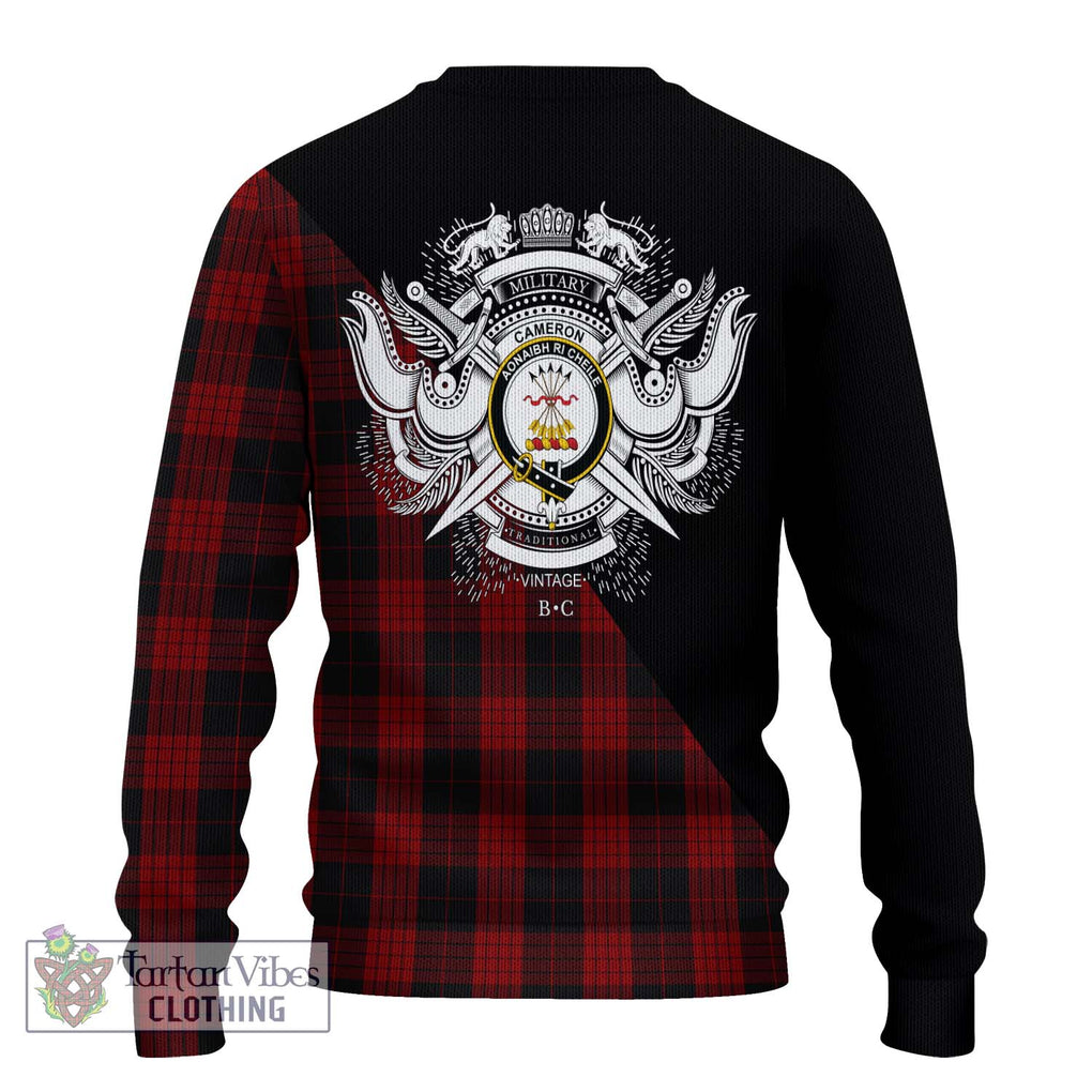 Cameron Black and Red Tartan Knitted Sweater with Family Crest and Military Logo Style - Tartanvibesclothing Shop