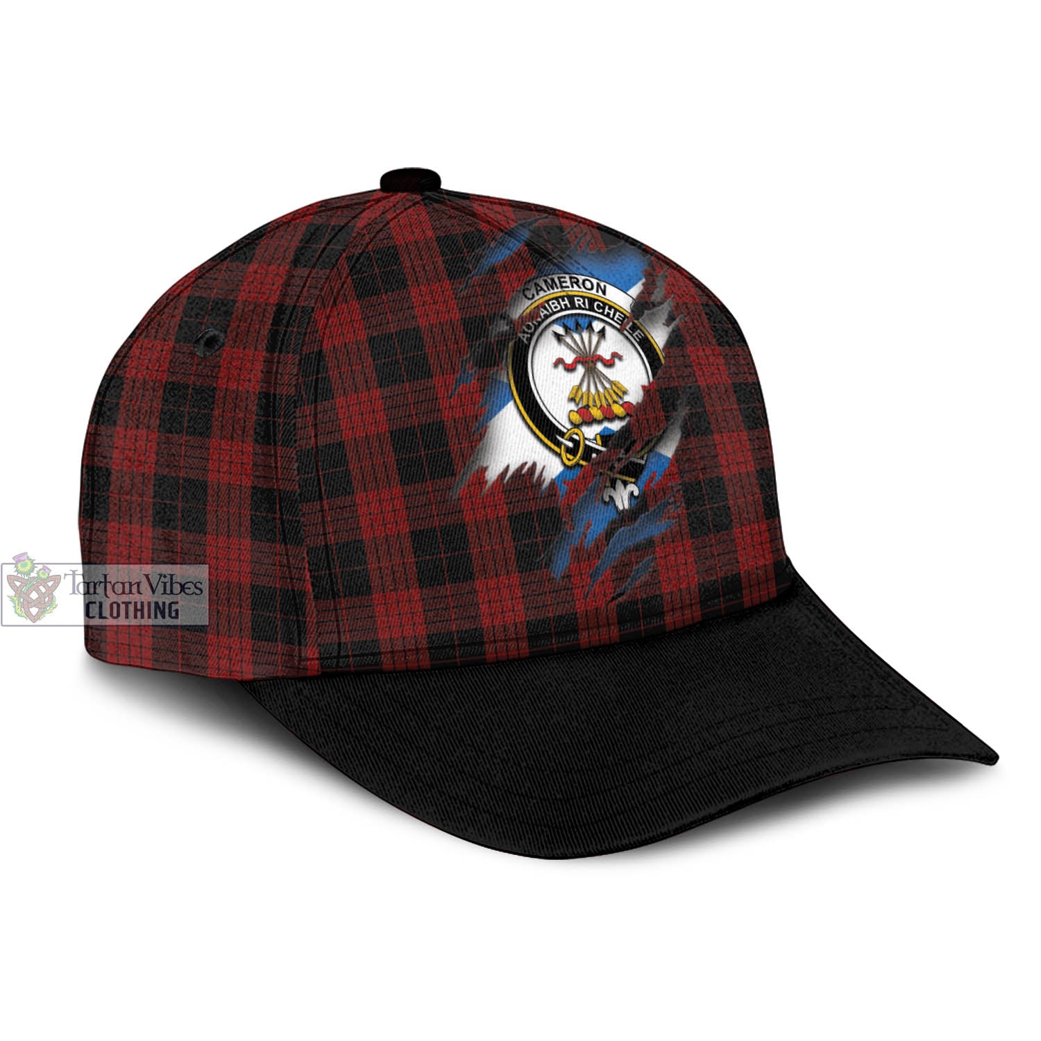 Tartan Vibes Clothing Cameron Black and Red Tartan Classic Cap with Family Crest In Me Style