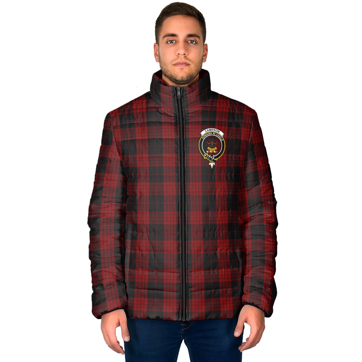 Cameron Black and Red Tartan Padded Jacket with Family Crest - Tartan Vibes Clothing