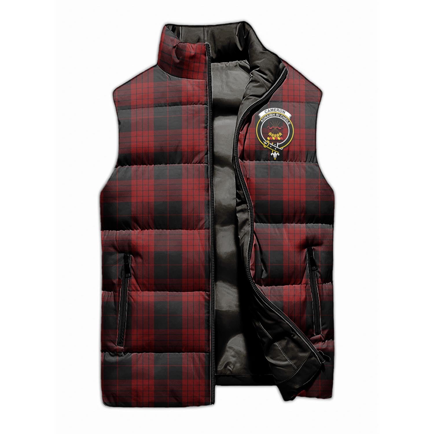 Cameron Black and Red Tartan Sleeveless Puffer Jacket with Family Crest - Tartanvibesclothing