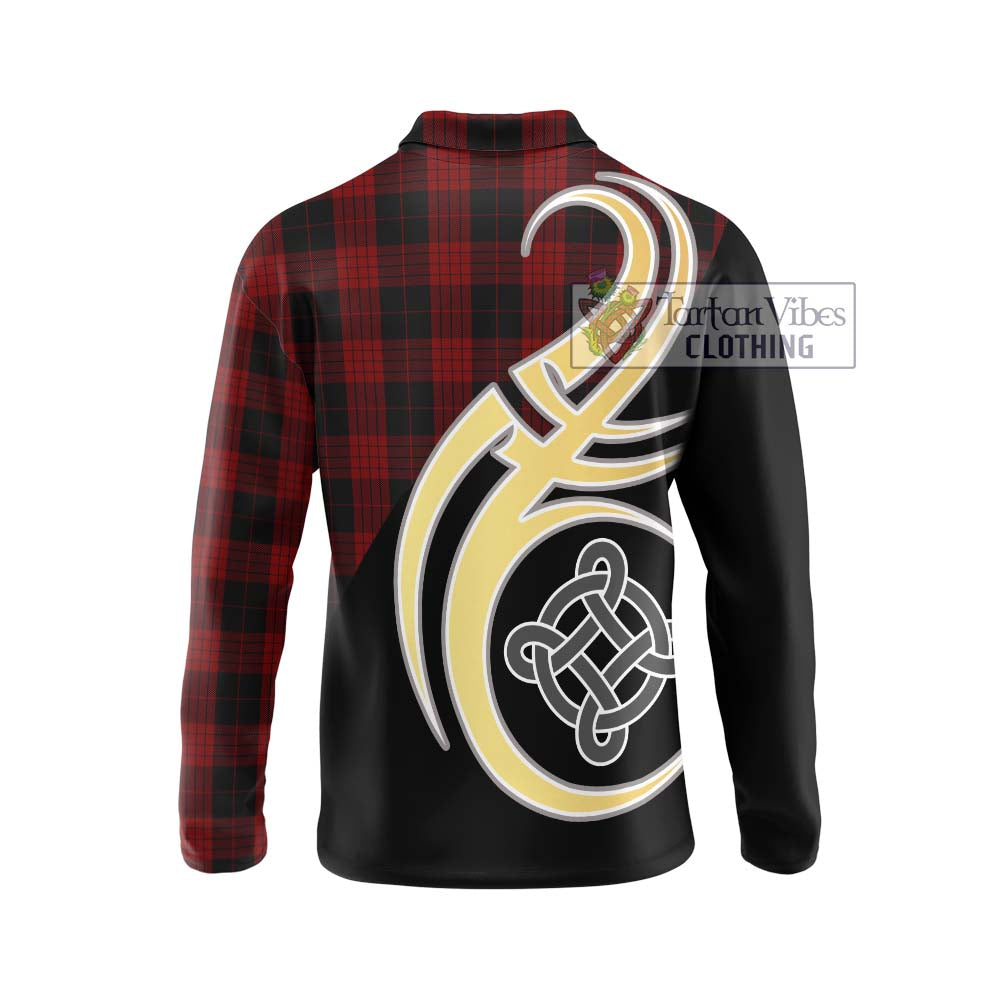 Cameron Black and Red Tartan Long Sleeve Polo Shirt with Family Crest and Celtic Symbol Style - Tartan Vibes Clothing