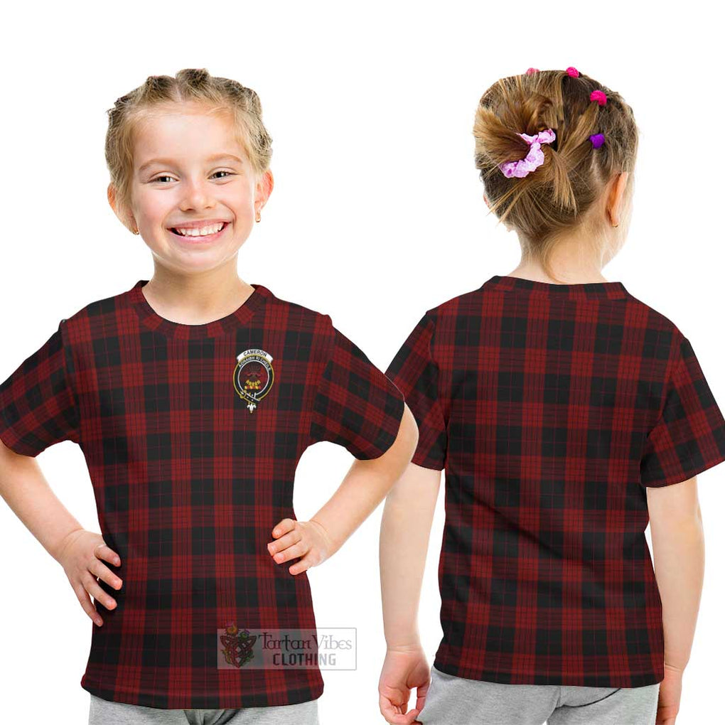 Cameron Black and Red Tartan Kid T-Shirt with Family Crest - Tartanvibesclothing Shop