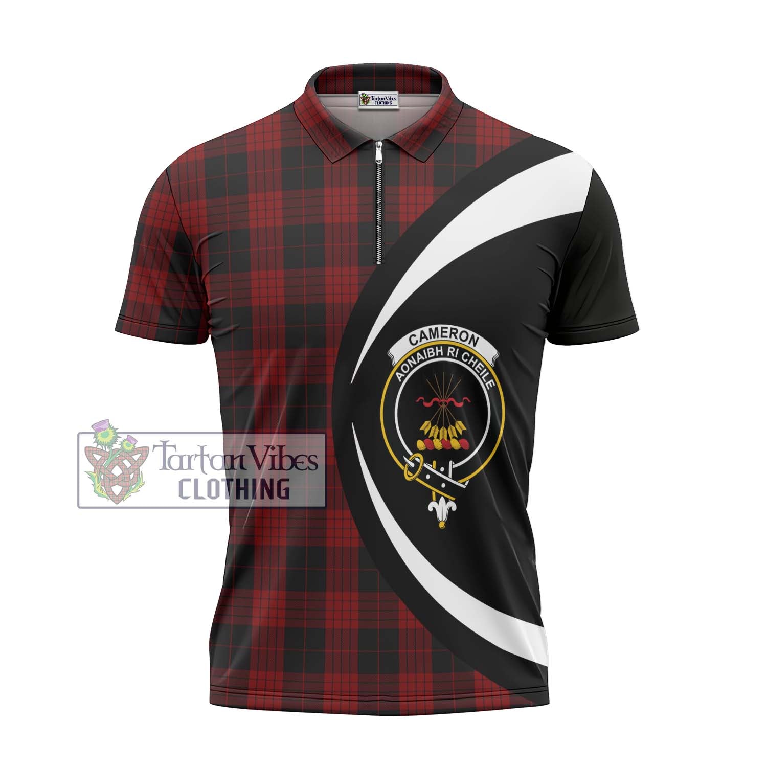 Tartan Vibes Clothing Cameron Black and Red Tartan Zipper Polo Shirt with Family Crest Circle Style