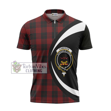 Cameron Black and Red Tartan Zipper Polo Shirt with Family Crest Circle Style