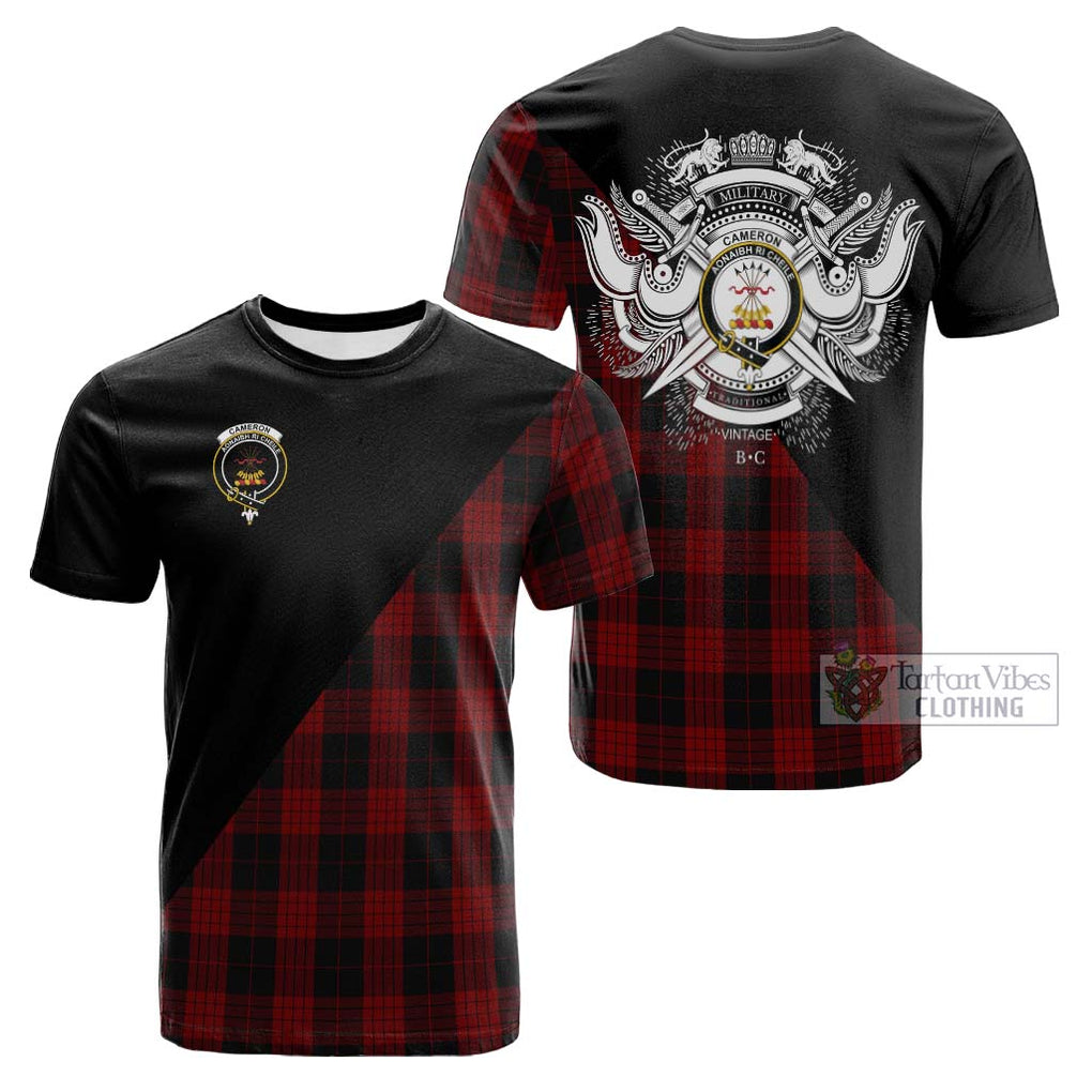 Tartan Vibes Clothing Cameron Black and Red Tartan Cotton T-shirt with Family Crest and Military Logo Style