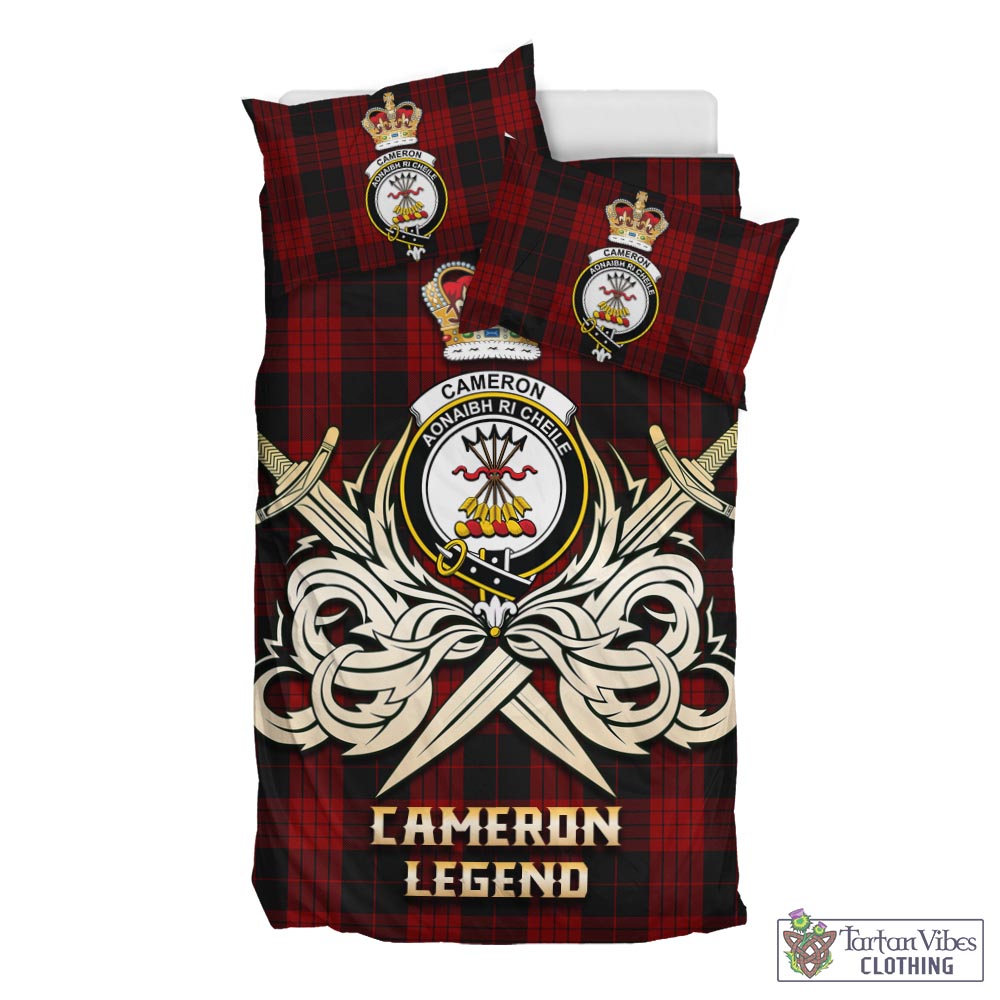 Tartan Vibes Clothing Cameron Black and Red Tartan Bedding Set with Clan Crest and the Golden Sword of Courageous Legacy