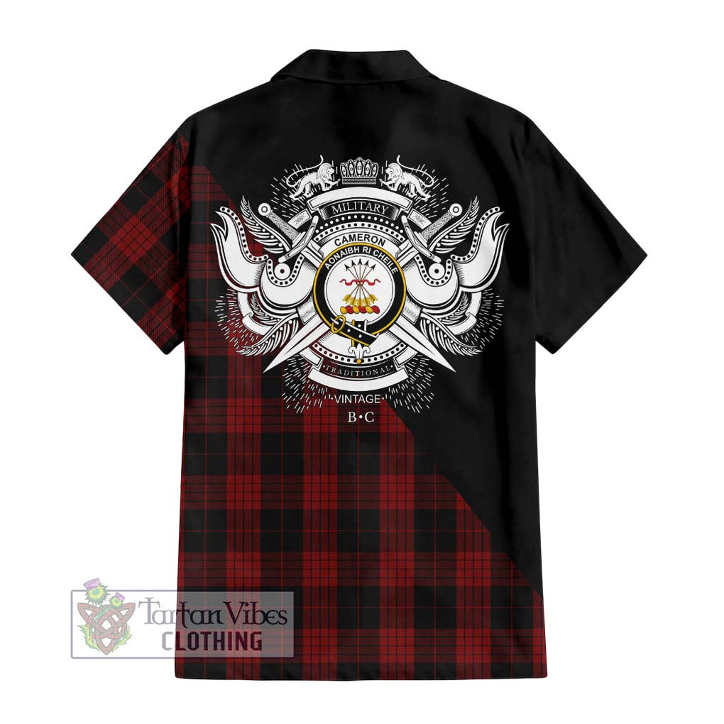 Cameron Black and Red Tartan Short Sleeve Button Shirt with Family Crest and Military Logo Style - Tartanvibesclothing Shop