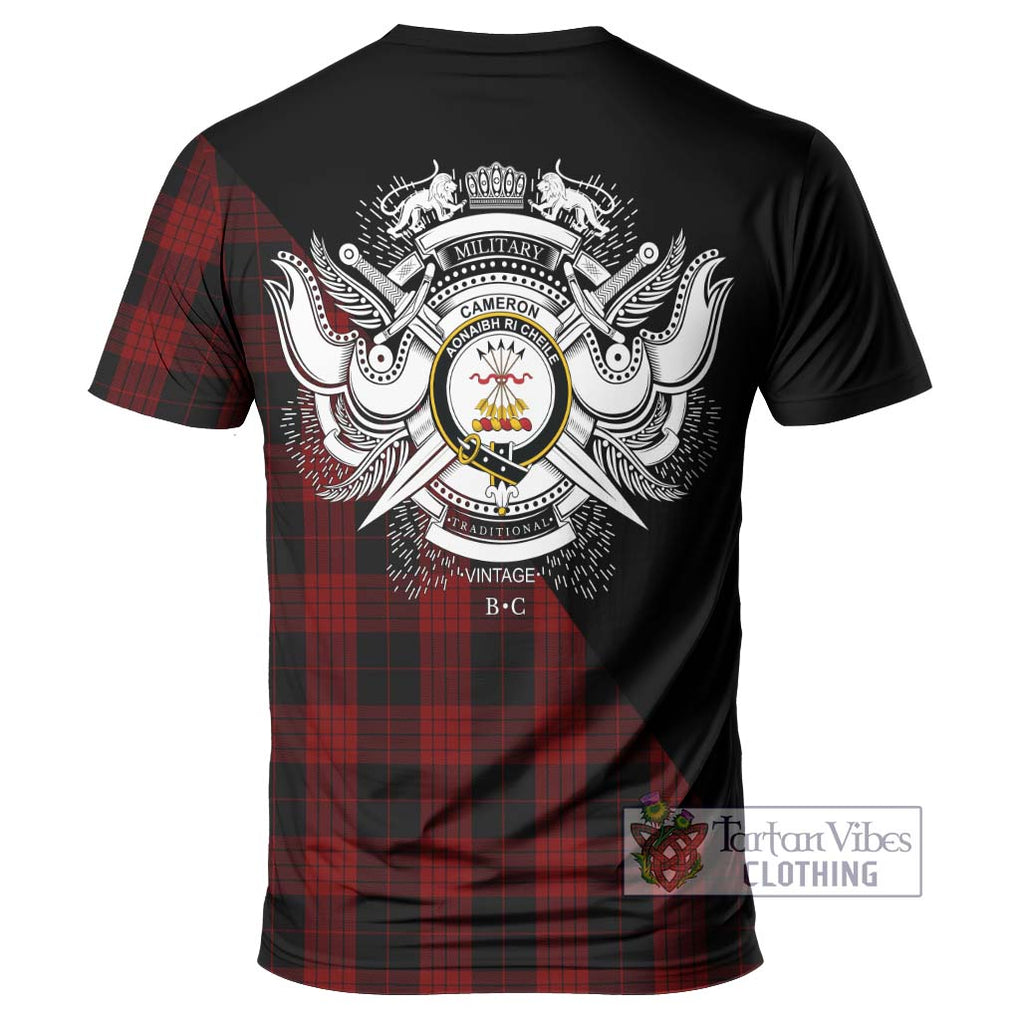 Cameron Black and Red Tartan T-Shirt with Family Crest and Military Logo Style - Tartanvibesclothing Shop