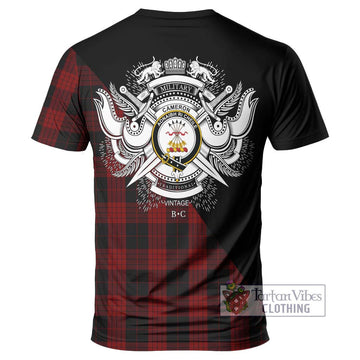 Cameron Black and Red Tartan T-Shirt with Family Crest and Military Logo Style