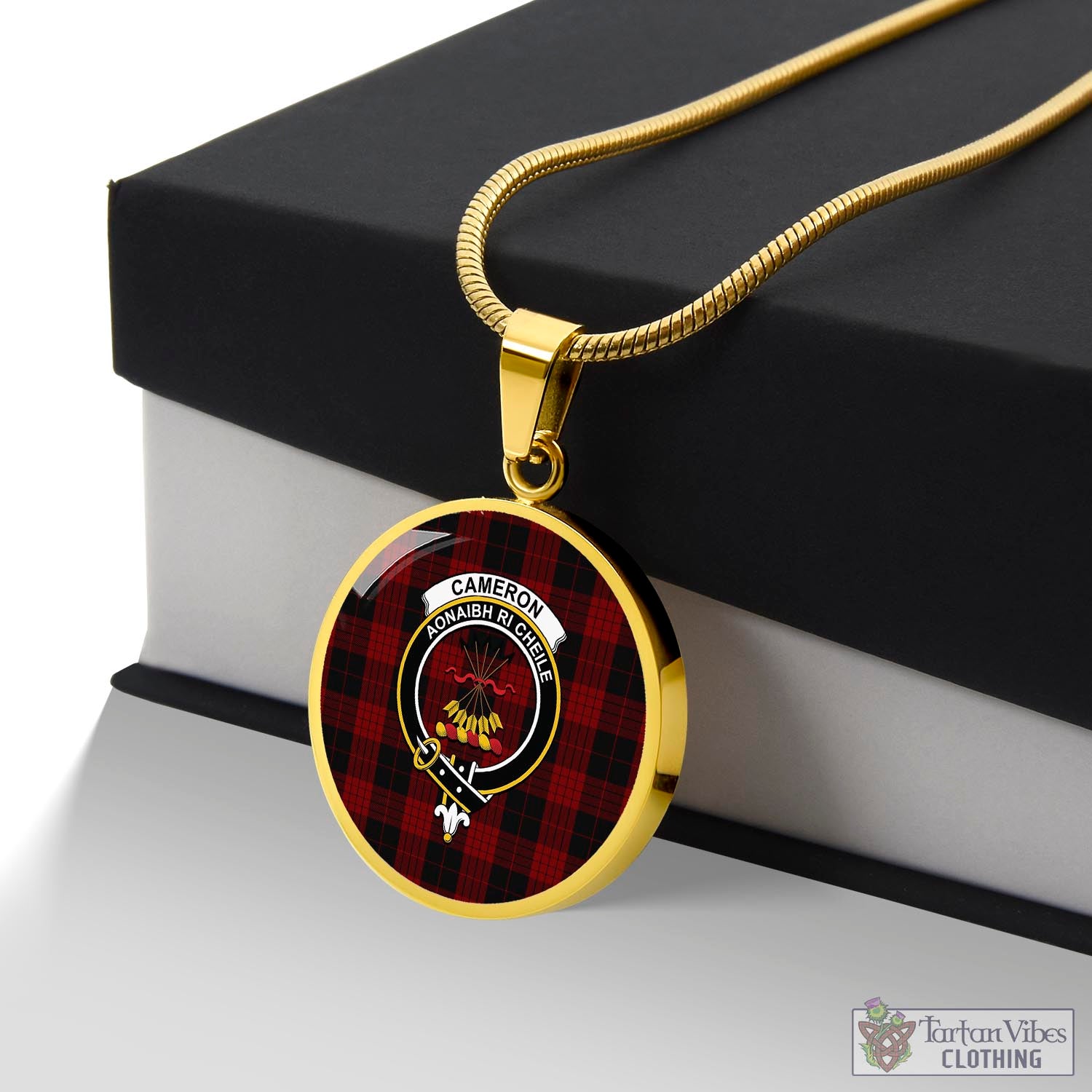 Tartan Vibes Clothing Cameron Black and Red Tartan Circle Necklace with Family Crest