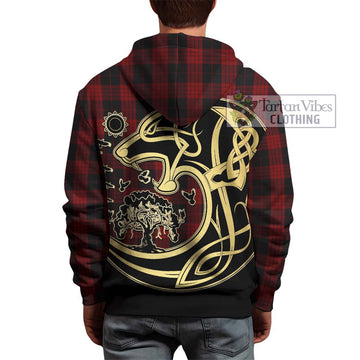 Cameron Black and Red Tartan Hoodie with Family Crest Celtic Wolf Style