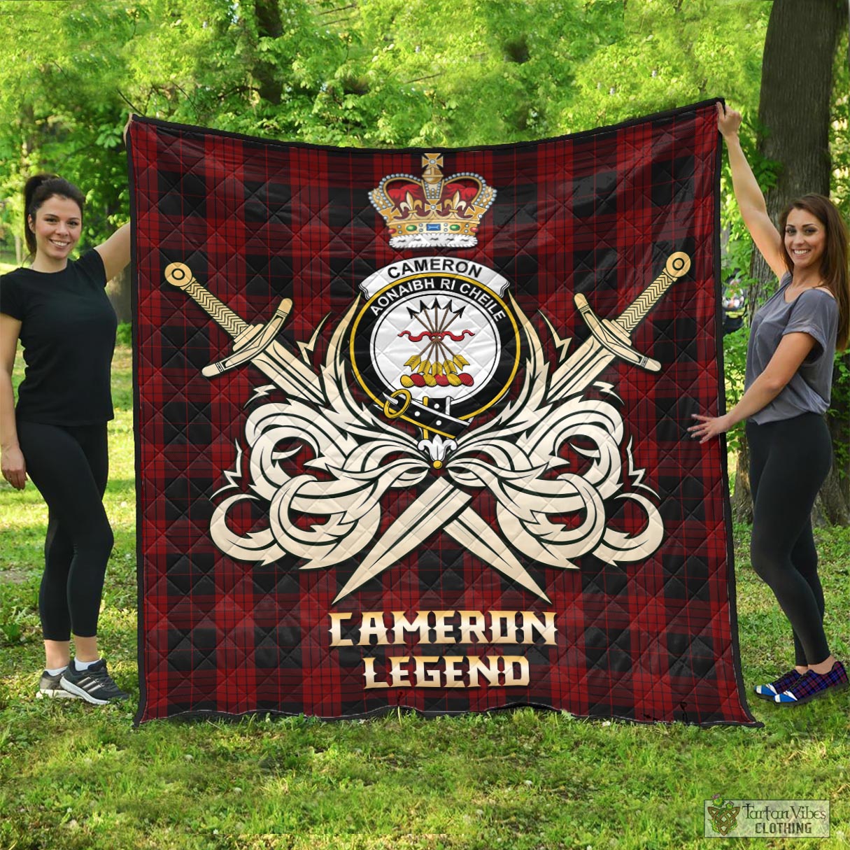 Tartan Vibes Clothing Cameron Black and Red Tartan Quilt with Clan Crest and the Golden Sword of Courageous Legacy