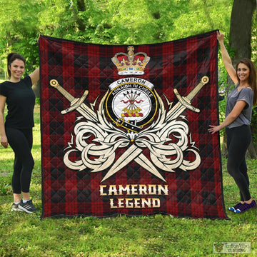 Cameron Black and Red Tartan Quilt with Clan Crest and the Golden Sword of Courageous Legacy