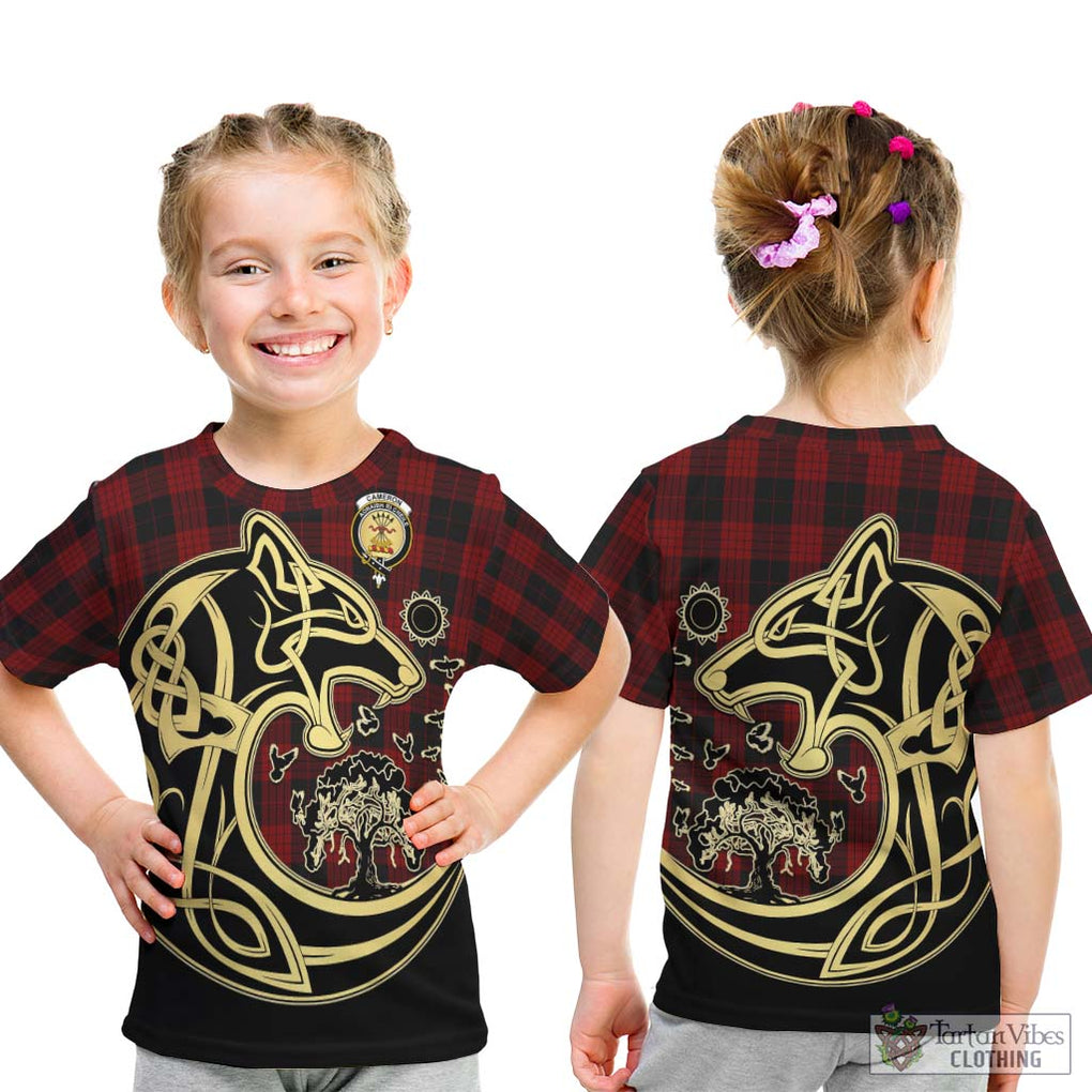 Cameron Black and Red Tartan Kid T-Shirt with Family Crest Celtic Wolf Style - Tartan Vibes Clothing