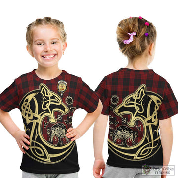 Cameron Black and Red Tartan Kid T-Shirt with Family Crest Celtic Wolf Style